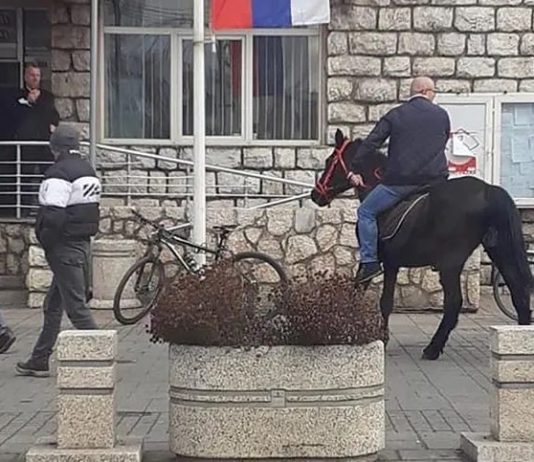 Jaše na konju kroz grad, jer su mu žandarmi uzeli auto
