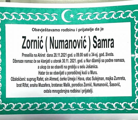 U utorak dženaza Samri Zornić